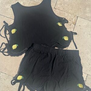 Black Lemon-Embroidered Scallop Tank & Short Set